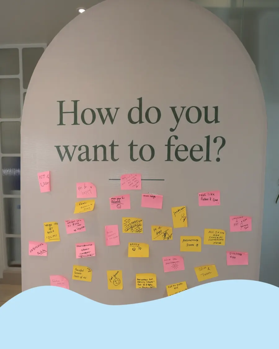 Guests' notes on the 'How do you want to feel?' wall at Izumi